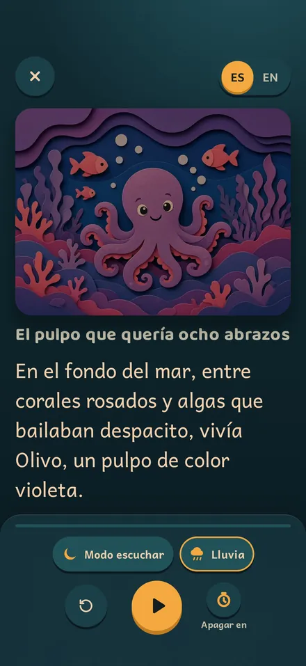 Pantalla de la app: el cuento «El pulpo que quería ocho abrazos» con el botón para escucharlo narrado
