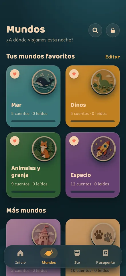 Pantalla de la app: mundos de cuentos de a dos (Mar, Dinos, Animales y granja, Espacio)