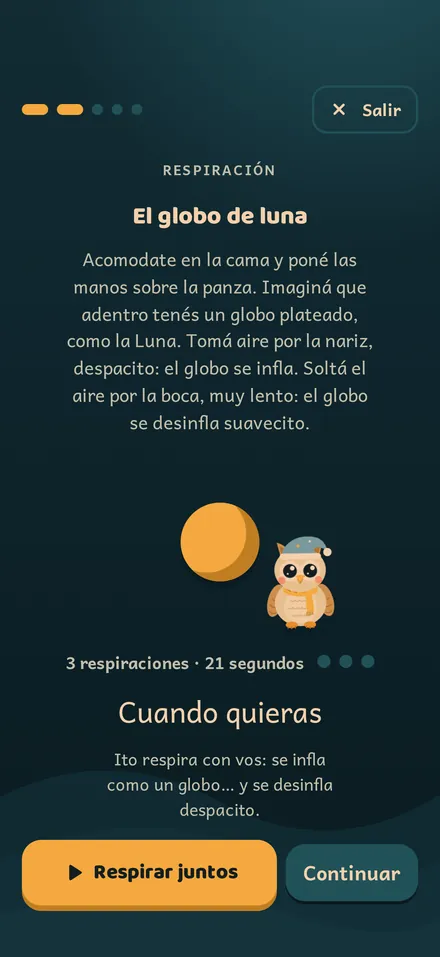 Pantalla de la app: Ito guía la respiración «El globo de luna» del Moment-Ito