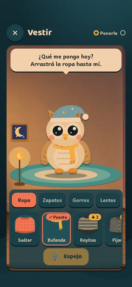 Pantalla de la app: vestir a Ito con gorro y bufanda